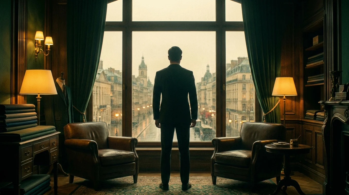 A man in a dark suit at the window of a wood-panelled tailoring room